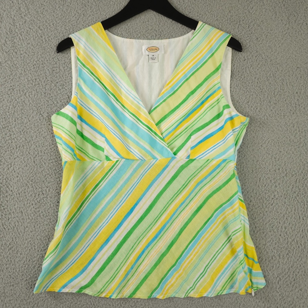 VTG Talbots Shirt Medium Yellow Green Striped V Neck Sleeveless Linen Side Zip
